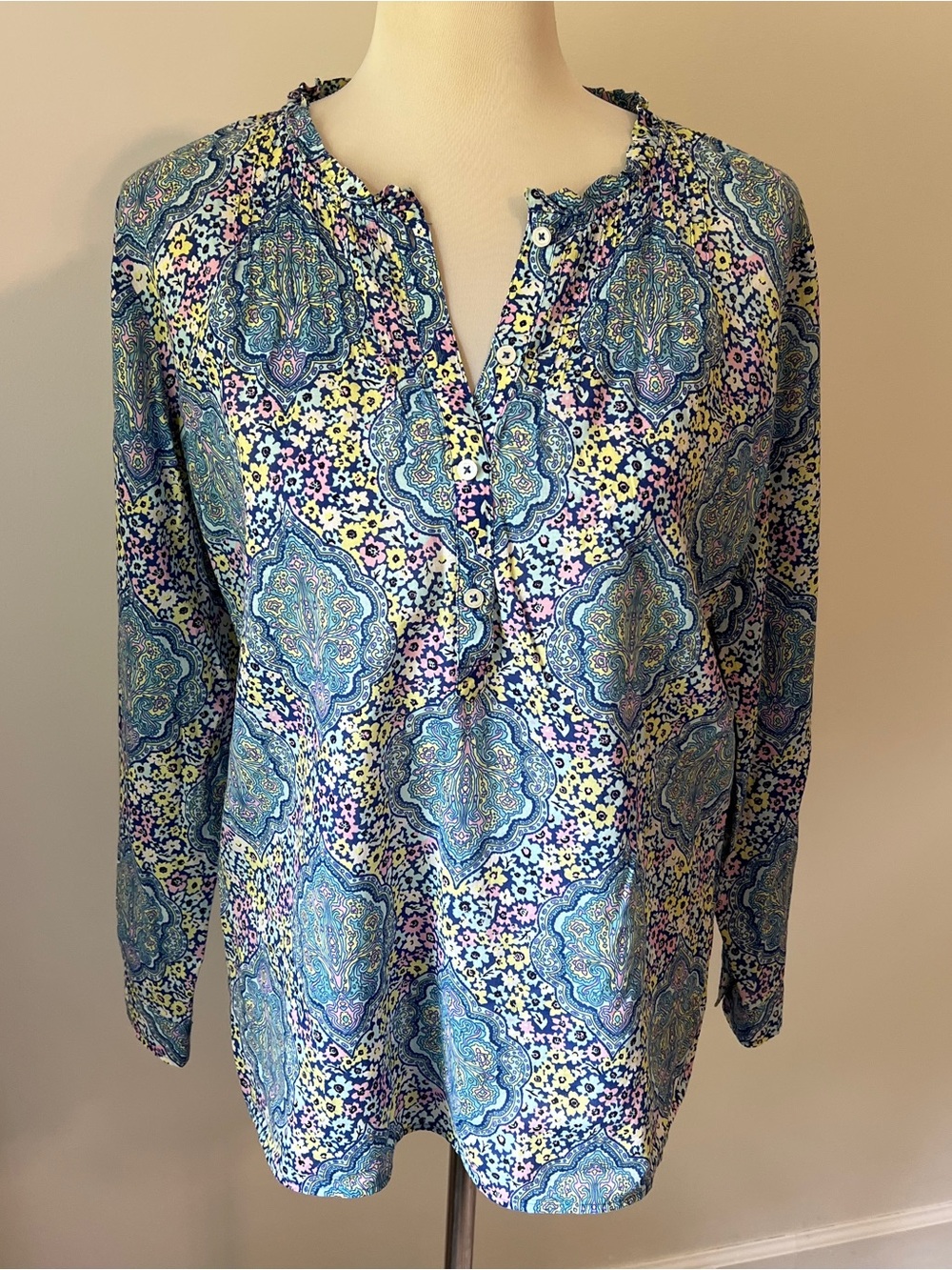 Talbots Petite LP Blue Paisley Floral Cotton Tunic Blouse Large